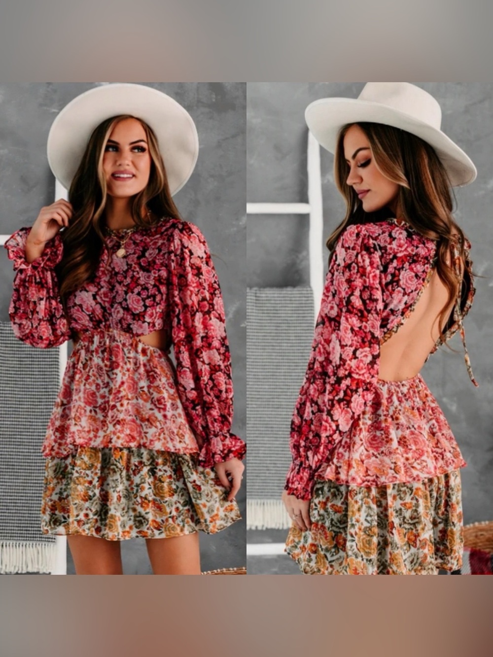 NanaMacs Floral Long Sleeve Tiered Cutout Dress